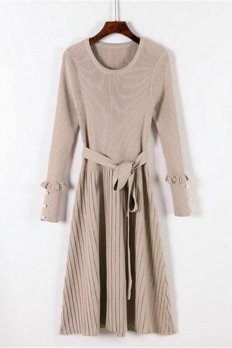 Women's Knit Dress Pleated Belted Long Sleeve O Neck Dresses Chic Fashion Winter