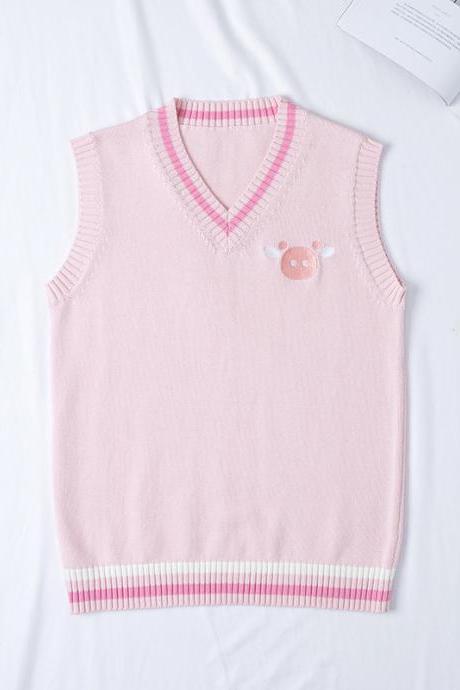  Japanese autumn winter style cotton JK uniform embroidery trotters rabbit pig pig couple sweater vest