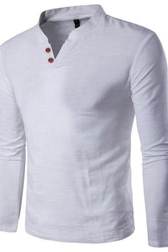  Men Shirt Spring new solid cotton and linen fabric casual V-neck long sleeve Slim Tops shirt