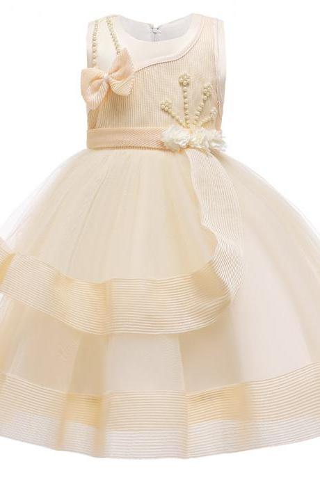 Children wedding flower girls dress beaded bow lace princess fluffy cake dress