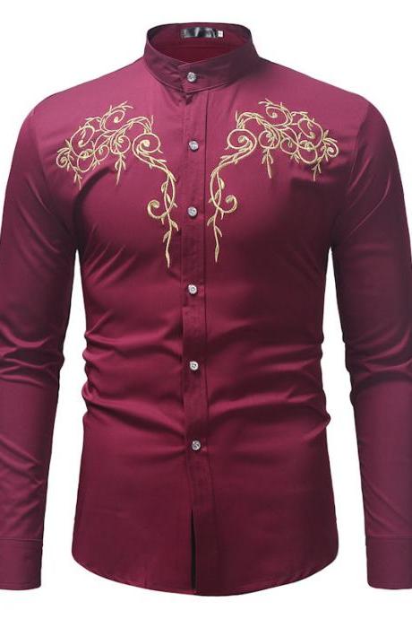 MEN Wear Large Size Long Sleeve Casual Embroidery Base Stand Collar Shirt 