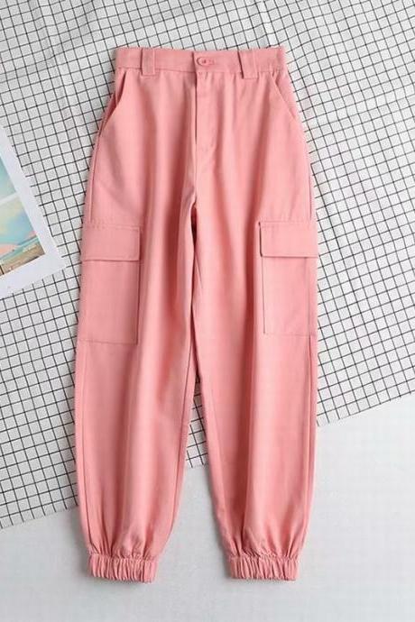 Women Spring Autumn Pant Pocket High Waist Heavy Solid Workwear Street Pants