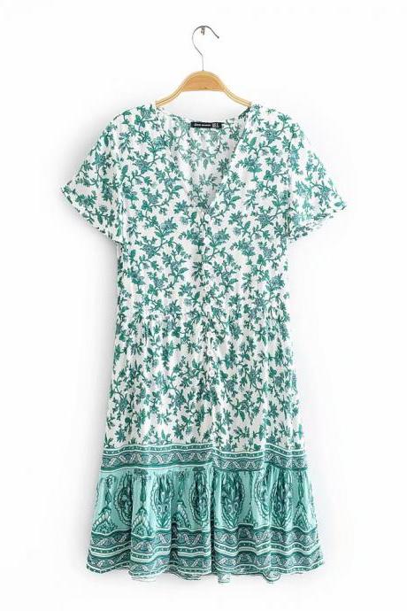  Women Spring Summer New dress V-Neck Green Print Short Sleeve mini Dress