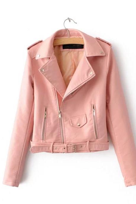  women spring motorcycle biker zip leather short jacket leather coat outwear