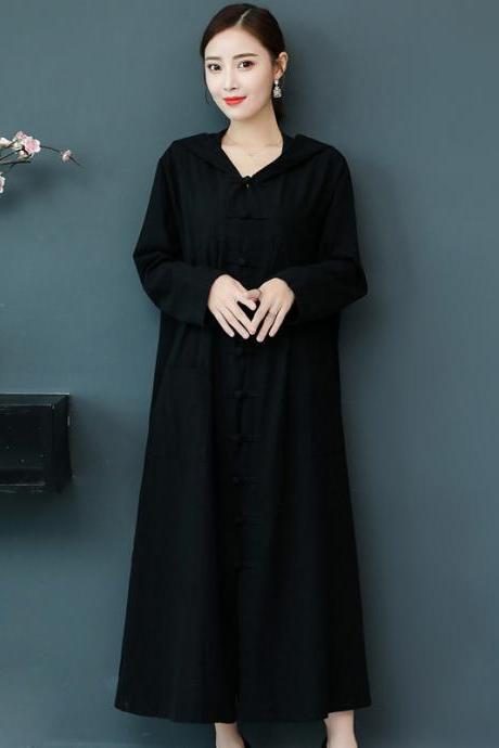 Women's Long Sleeves Cotton Blend Coat Cape Hooded Long Cloak Trench Coat Retro