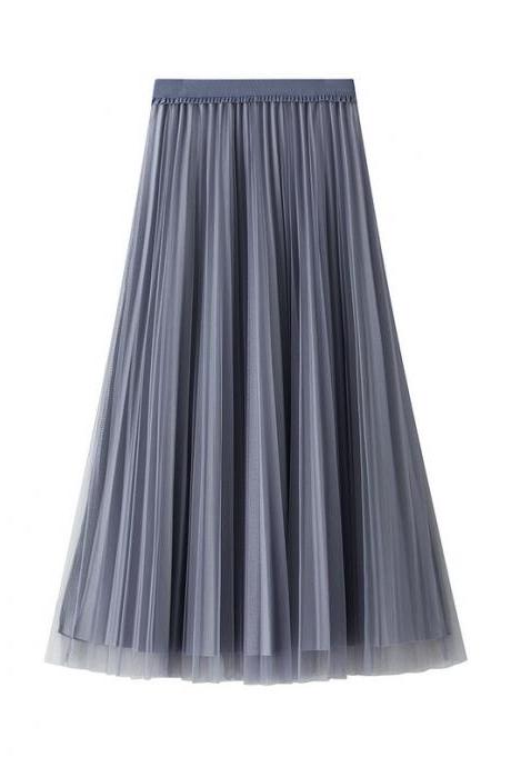 Draped Skirt Women Mid length Long Wear Net Mesh Pleated Skirt Spring High Waist A-line Skirt