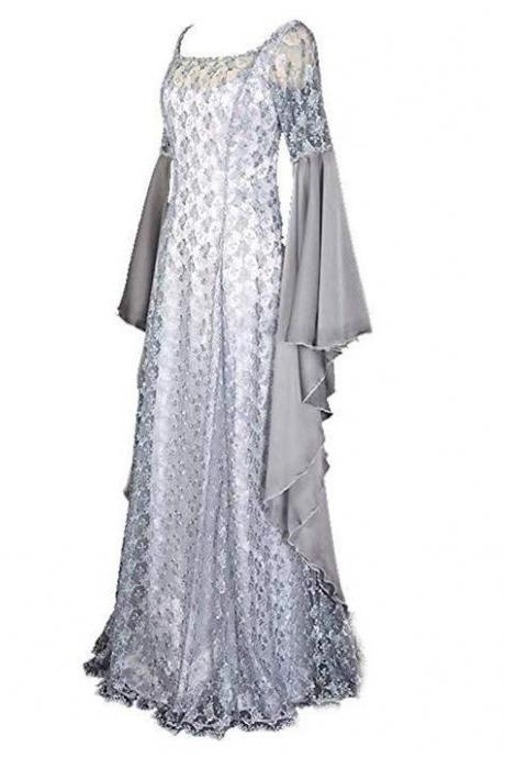 Women Retro Fashion Long Sleeve Flare Sleeve O Neck Solid Print Lace Splicing Irregular Vintage Long Dress