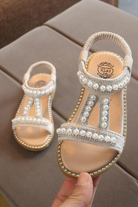 summer new girl pearl sandals baby Korean open toe princess shoes small children's slip shoe