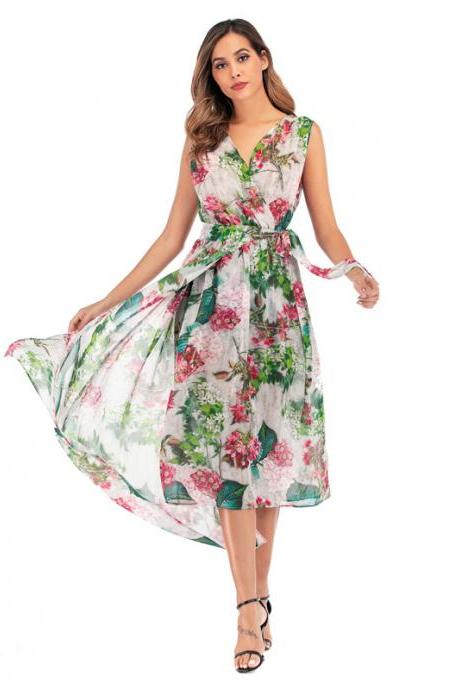 Foreign Trade 2020 Spring Women&amp;#039;s Flowers Transparent Sexy V-neck Long Dress