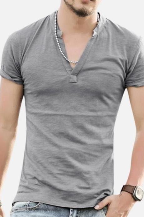 Summer 2020 Men T-shir Short Sleeve Cotton Linen V-neck Solid Shirt Tops