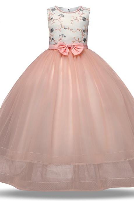Flower Girls Dress Princess Kids Embroidery Bow Vintage Children Wedding Party Formal Ball Gown
