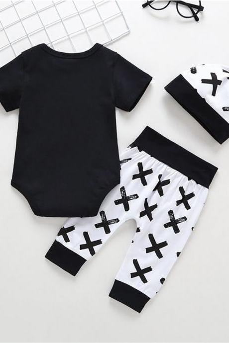3Pcs Baby Boy Cotton Top Romper Pants Leggings Hat Newborn Outfit Clothes Set