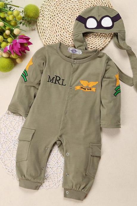 Pilot's robe, baby long-sleeved romper, army green hooded robe, no feet