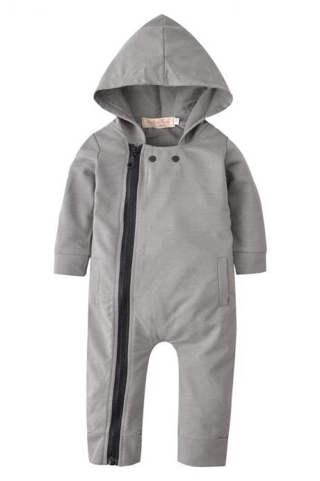spring autumn Children long-sleeved jumpsuit zipper baby solid Hooded rompers Clothes