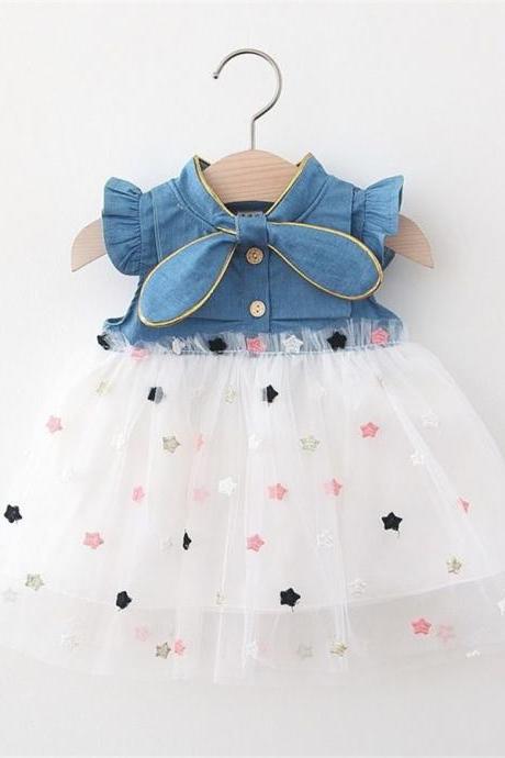 Fashion Baby girl dress o-neck regular Toddler Baby Floral Print Bowknot Short Sleeve Princess Denim Dress 