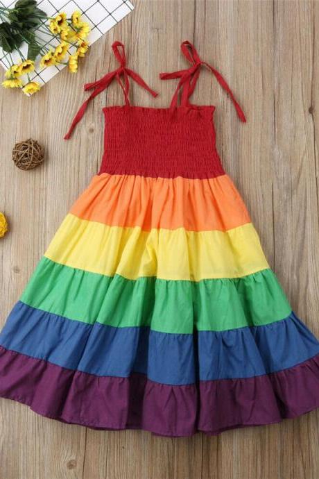 Summer Girls Rainbow Dress Toddler Kids Baby Clothes Strap Princess Tutu Dress