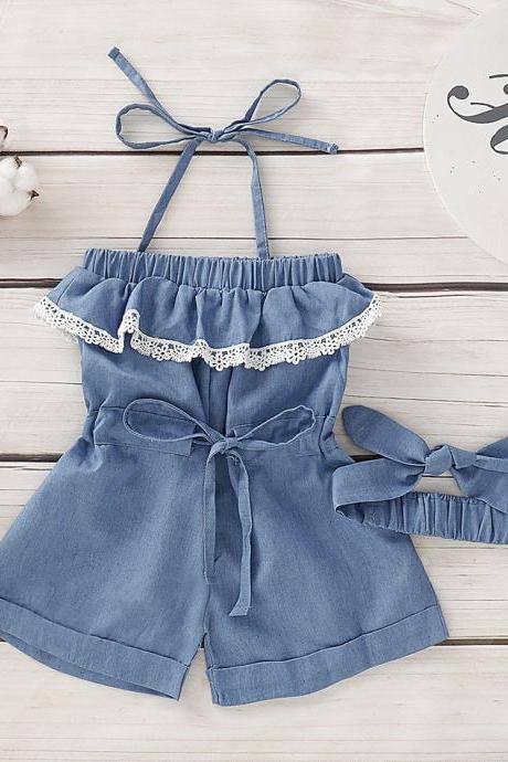 Toddler Kid Baby Girls Denim Romper Lace Bodysuit Jumpsuit Outfit Clothes Set
