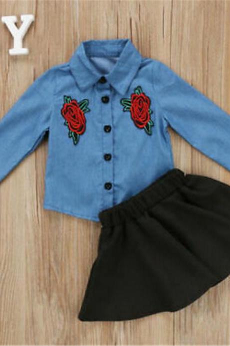  Toddler Kids Baby Girls Floral Denim Shirt Tops +TUTU Skirt Clothes Set Outfits