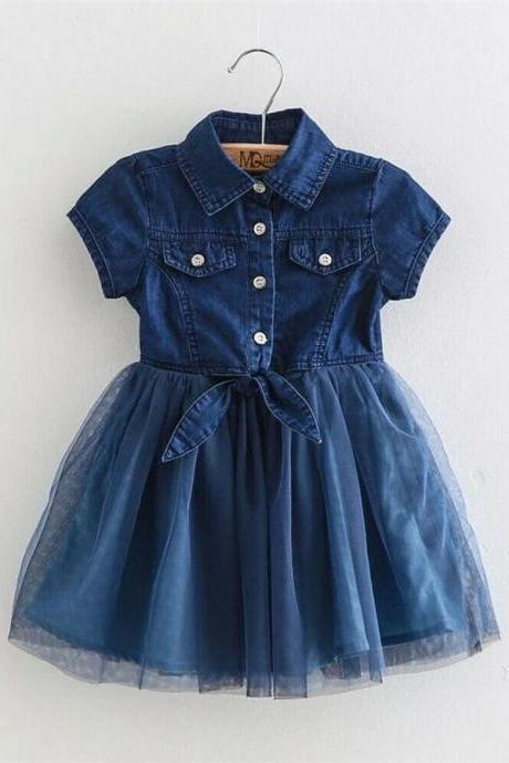  Toddler Kids Baby Girls Denim Dress Short Sleeve tulle Party Princess Tutu Skirt