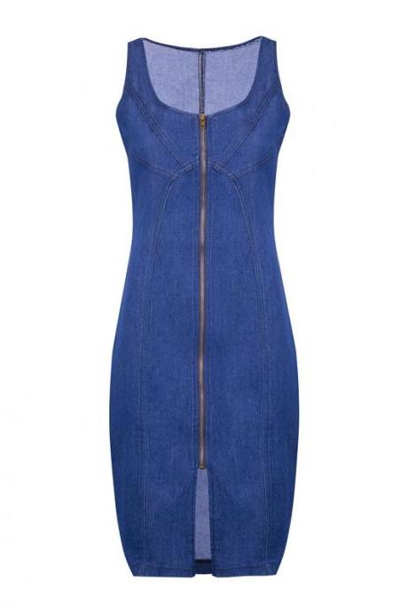  New Arriva Women Summer Sleeveless Denim Dress Slim Zipper Fashion Casual Office Lady Jeans Clothing
