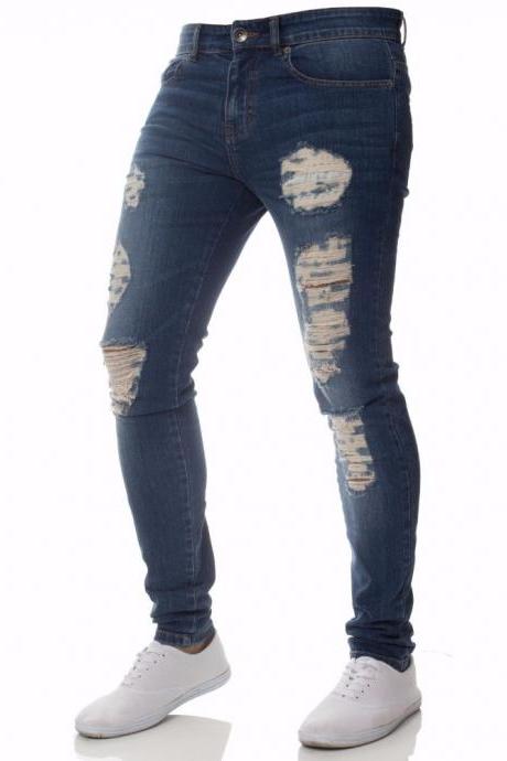 Mens Casual Skinny Jeans Pants Solid ripped jeans Ripped Beggar Knee Hole Youth Men Jeans 