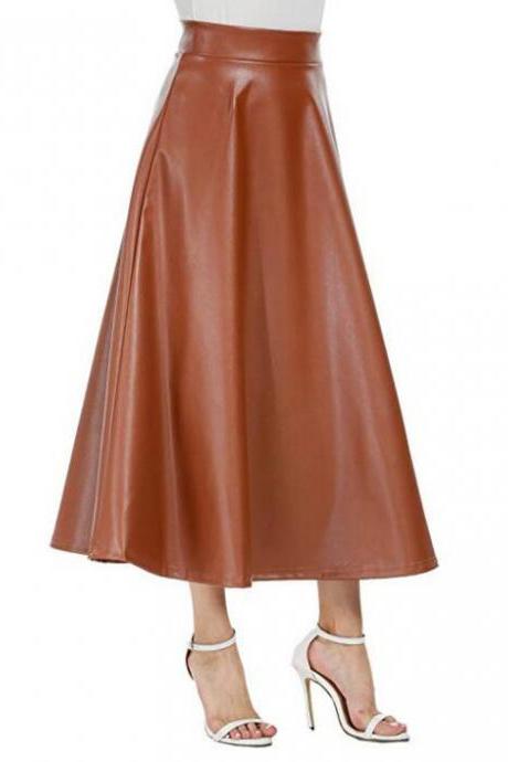 Women Faux Leather Pu Skirt High-waist Fashion A-line solid Midi Spring Ladies Skirts