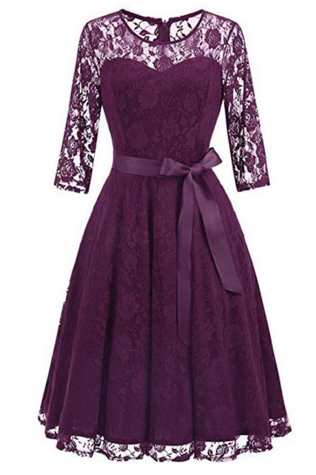  Vintage Women 3/4 Sleeve Dress Floral Lace Pleated O-Neck Elegant Party Sexy Dresses Retro Spring Big Swing dress
