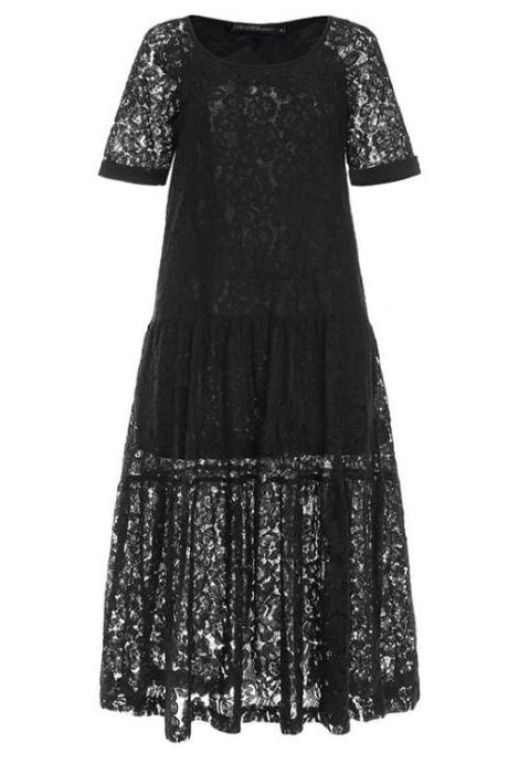  Women Lace Crochet Maxi Long Dress Summer 3/4 Sleeve Party Bohemian Sundress Casual Loose Autumn Dress