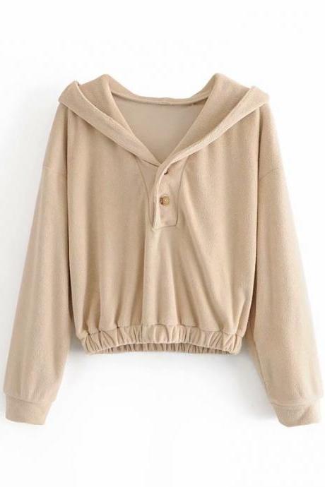 Women new arrival short hooded coat solid long sleeve Buttons jacket coat top