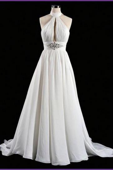 Sexy Elegant Custom Made Beach Wedding Dress Halter A Line Backless Chiffon Bridal Dresses