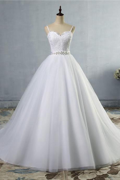 Fashion A-Line Spaghetti Straps Wedding Dresses Beads Appliques White Ivory Court Train Bridal Gown 