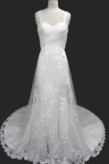 Boho Mermaid Wedding dress ,Spaghetti Straps Sleeveless Chapel Train lace Bridal Dress