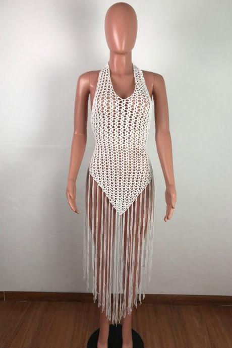 Summer Fashion Knitted Dress Women Sexy Tassel Hollow Out Long Beach Party Club Clothing Outfit