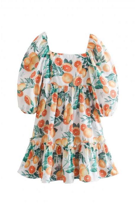 2021 New Women Tropical Floral Fruit Print Elastic Mini Dress Female Chic Back Zipper Pleat Ruffles Beach Vestido