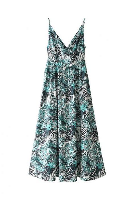  2021 Summer Women Tropical Rain Forest Print Beach Dress Sleeveless Backless Ladies Strap Maxi Dress 