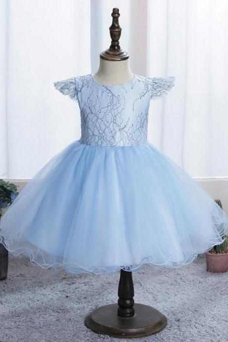 2021 Summer Girl Knee-Length Sweet Lace Dress Lace Princess Dress Girls Flying Sleeve Dress