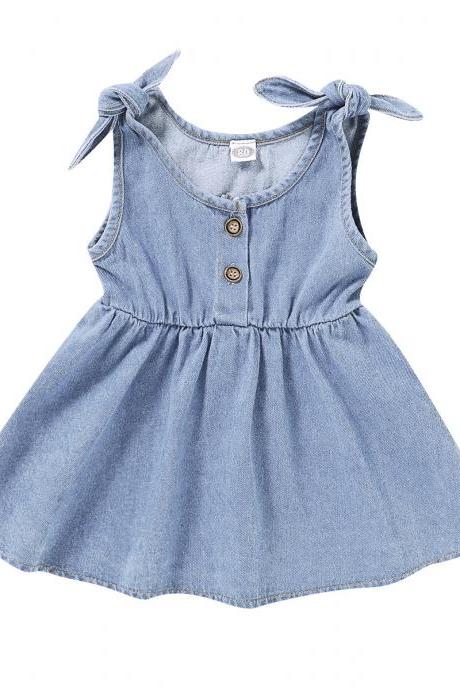 Baby Gifts Kids Chic Girl Clothes Solid Blue Denim Dress Free Shipping Birthday Clothes 1-4 Years Holiday Dress