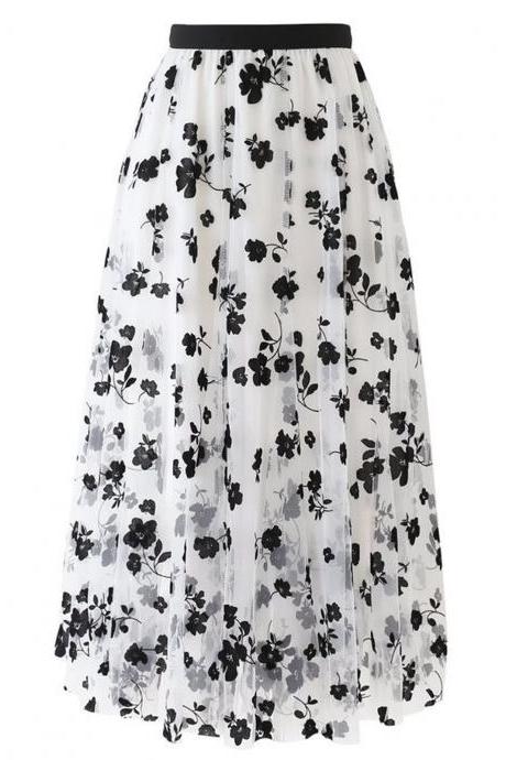  Summer Women skirt Fashion Spring Elastic High Waist Long Mesh Skirt 2021 Womens Casual Pleated Skirt