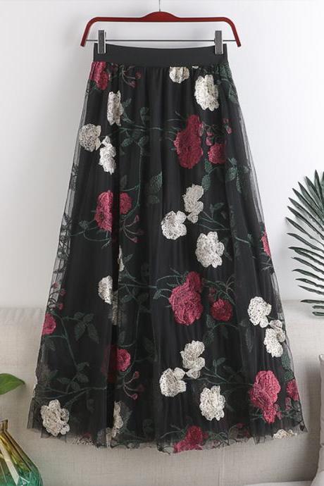 Spring 2021 high waist embroidery women skirt big flowers fashion sweet mesh mid-length fairy skirt