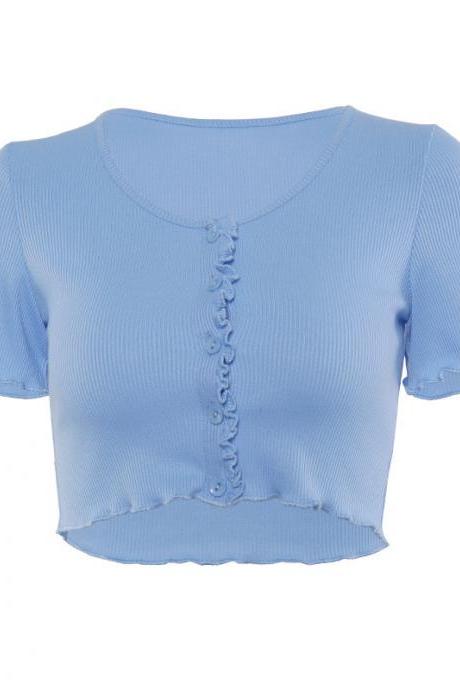 2021 Women Solid V-neck Tops Summer Casual Short Shirt Ribbed Short-sleeve Button Short Top 