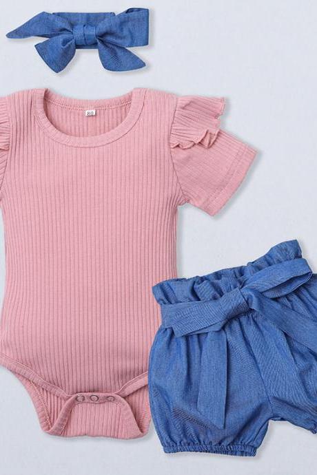 New baby three-piece suit flying sleeves bow shorts girls baby romper romper suit