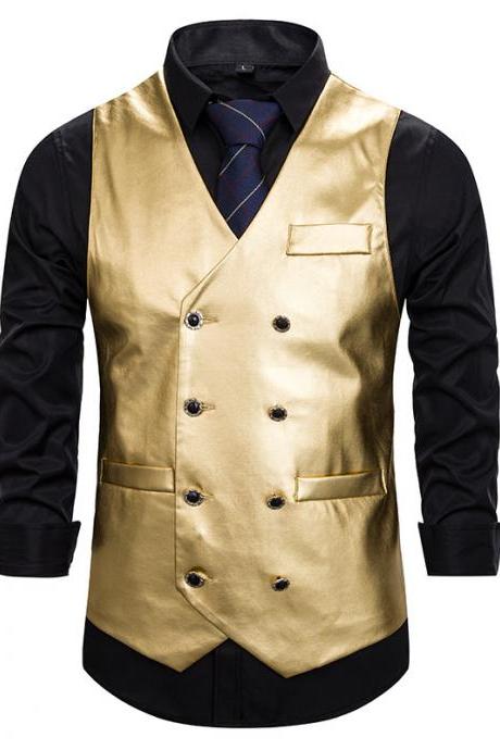 new men Waistcoat nightclub master shiny fashion dynamic solid double-breasted vest