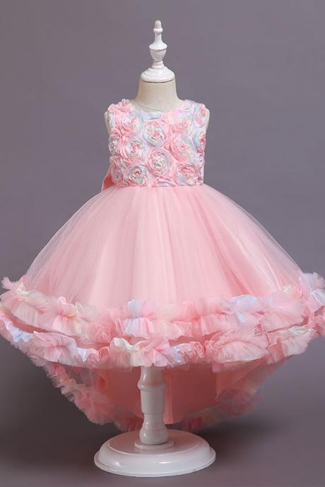 Girl flower dress bow sweet cake net yarn tail fluffy princess party prstage wedding dress