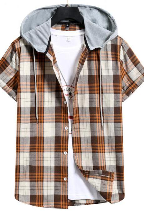  men New product hooded short sleeve men shirt men color matching casual plaid shirt top 