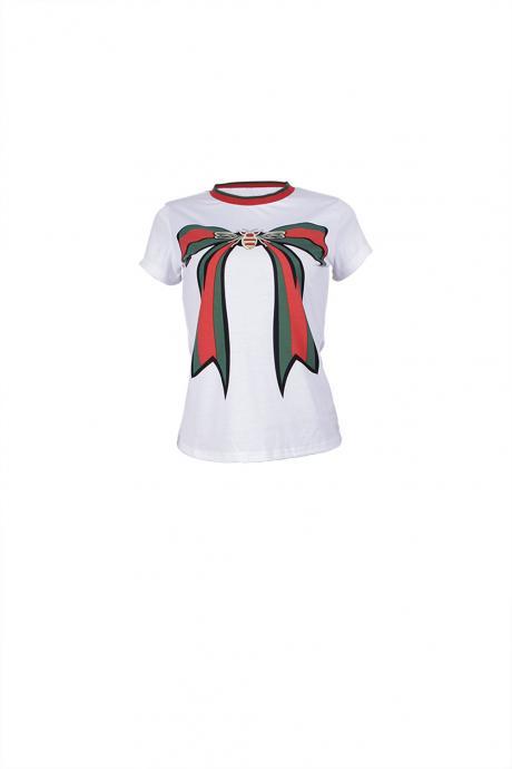 Women casual T-shirt Round neck short sleeve special printing multicolor Top