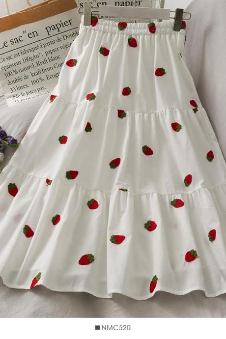  women Sweet wind strawberry embroidery stitching mid-length skirt female 2021 new elastic waist thin A-line large skirt