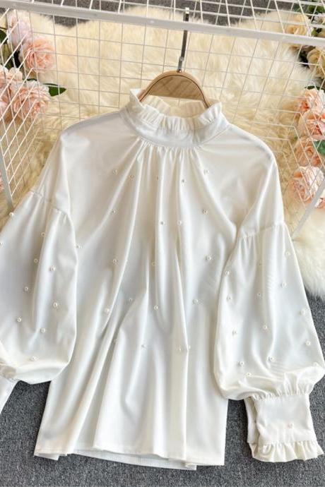 Beaded Ruffled Collar Shirt Women Cloth Lantern Sleeve Loose Tops Female All-Match Solid Color Blouse