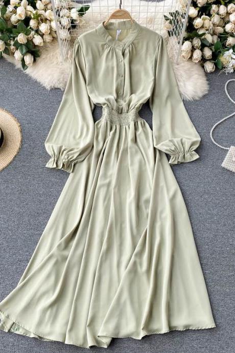 Women Spring Long-breasted Temperament Holiday Sleeve Bubble Round Neck Dress Style Slim Fit Female Dress