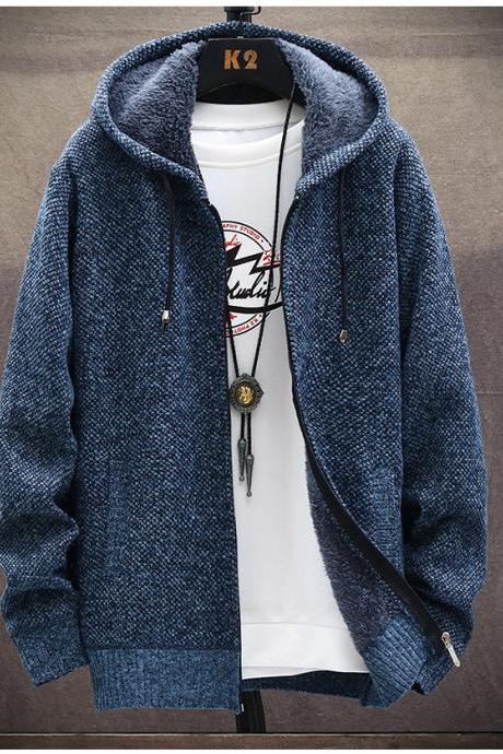 Knitted Long Sleeve Men Cardigan Solid Color Hooded Zipper Closure Cardigan Sweater Outerwear
