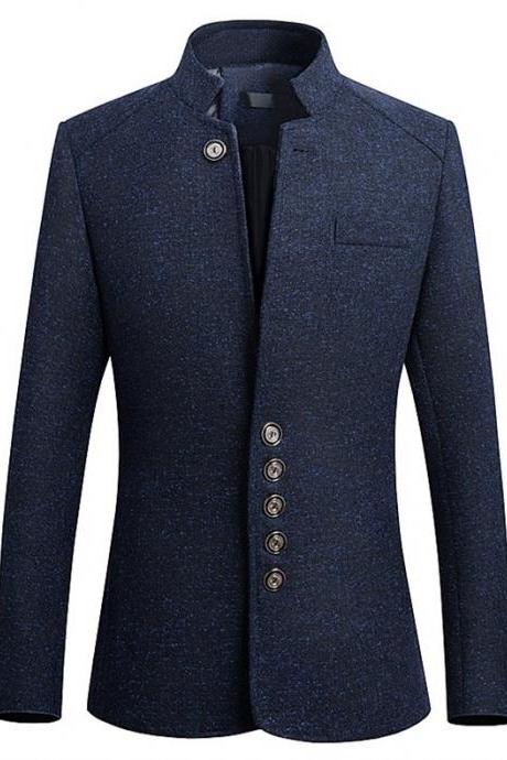Men Solid Color Slim Fit Suit Long Sleeve Stand Collar Single-breasted Plus Size Slim Blazer